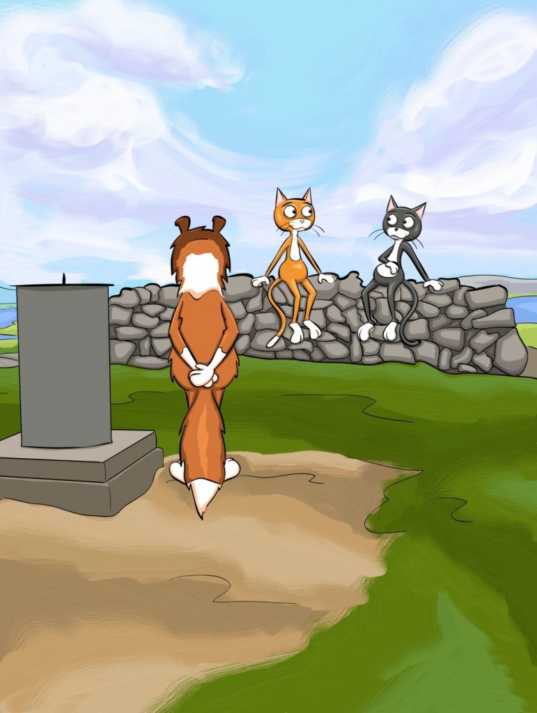 Two cats and a dog by a drinking fountain