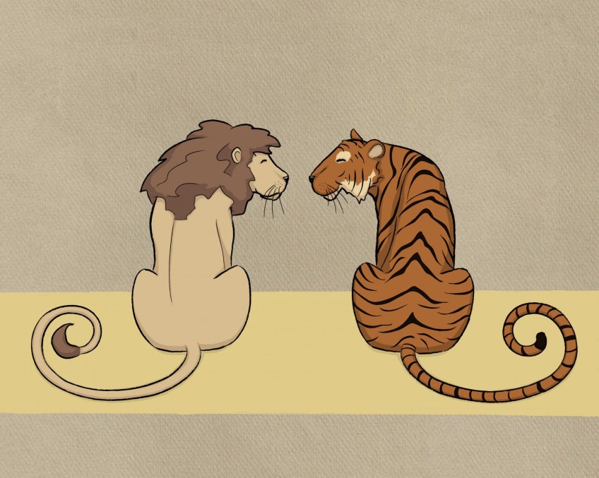 The Cowardly Lion and the Hungry Tiger on the yellow brick road