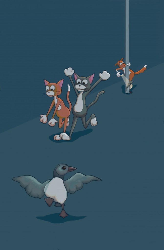 Two cats and a dog in the dark